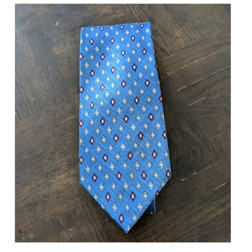 💥SALE💥 VTG Umberto Bossi Blue Silk Men's Tie with Geometric Diamond Pattern - Picture 6 of 7